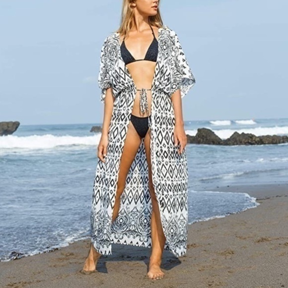 Tops - NEW Tribal Print BLK/WH Kimono Coverup Lightweight Robe Duster